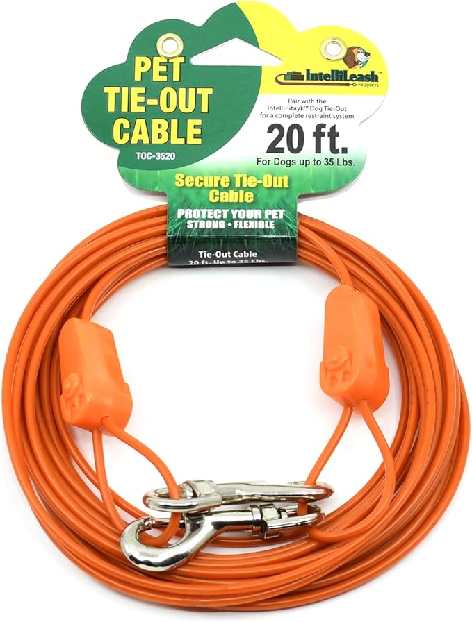 20FT Tie-Out Cables for Dogs - Strong, Safe, and Durable Dog Tie-Outs for Small Dogs up to 35 Pounds - Weather and Wear Resistant Galvanized Aircraft Cable for Outside Use