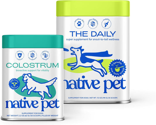 Native Pet The Daily Dog Vitamins & Supplements (30 Scoops) & Bovine Colostrum Powder (120 Scoops) – 11-in-1 Multivitamin, Allergy Relief, Immune Support & Itchy Skin Treatment for Dogs