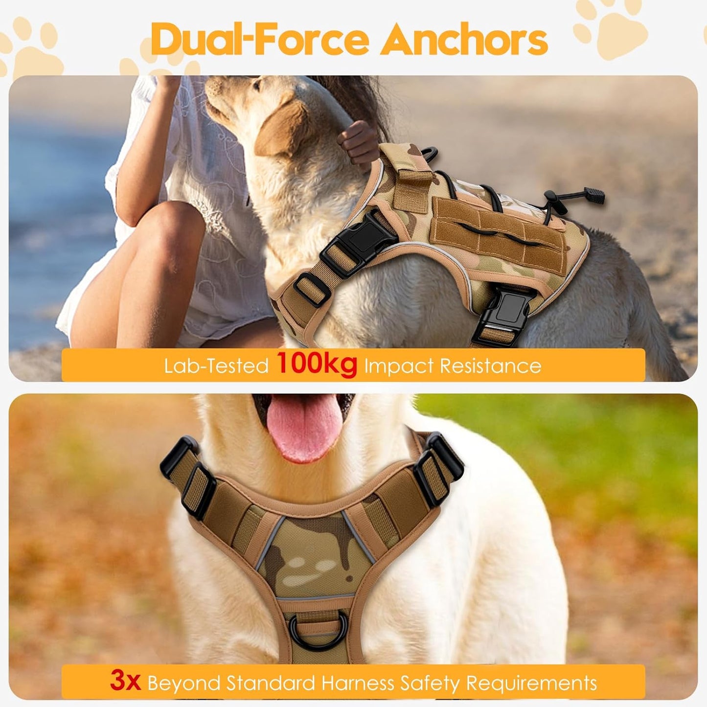 Heavy-Duty Tactical Dog Harness for Large Dogs, No Pull Adjustable Reflective Pet Vest with Molle System, K9 Military-Grade Control for Service Training, Outdoor & 10+ Breeds, Desert Camo, Small