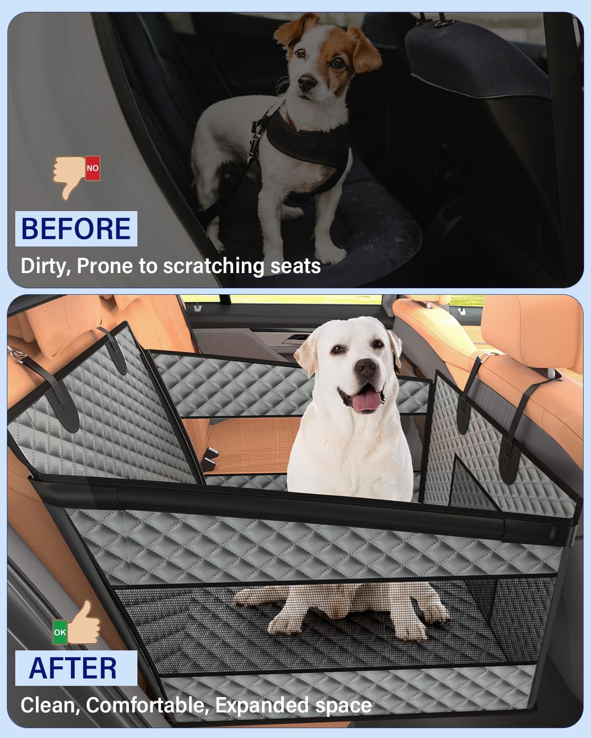 Dog Car Seat for Large Dogs, Back Seat Extender for Dogs, Foldable Pet Car Seat with Waterproof Oxford Fabric and Non-Slip Bottom, All-Around Protection and Strong Support, Grey