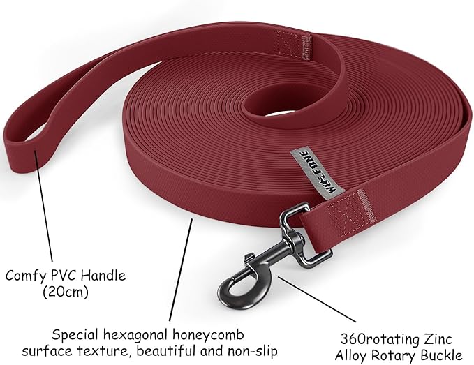 Wolfone 3m Dark Red Heavy Duty Robust Training Dog Leash with Anti-Slip Handle，Waterproof Long Dog Leash for Outdoor Activities