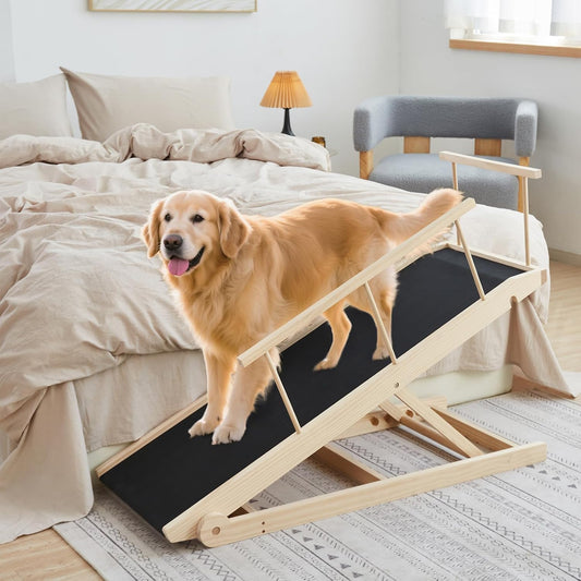 Dog Ramp for Bed and Couch, 5 Height Adjustable Solid Wood Pet Ramp for Small, Medium & Large Dogs, Collapsible Anti-Slip Dog Ramp for Sofa, Couch & Beds(Wood, 115)