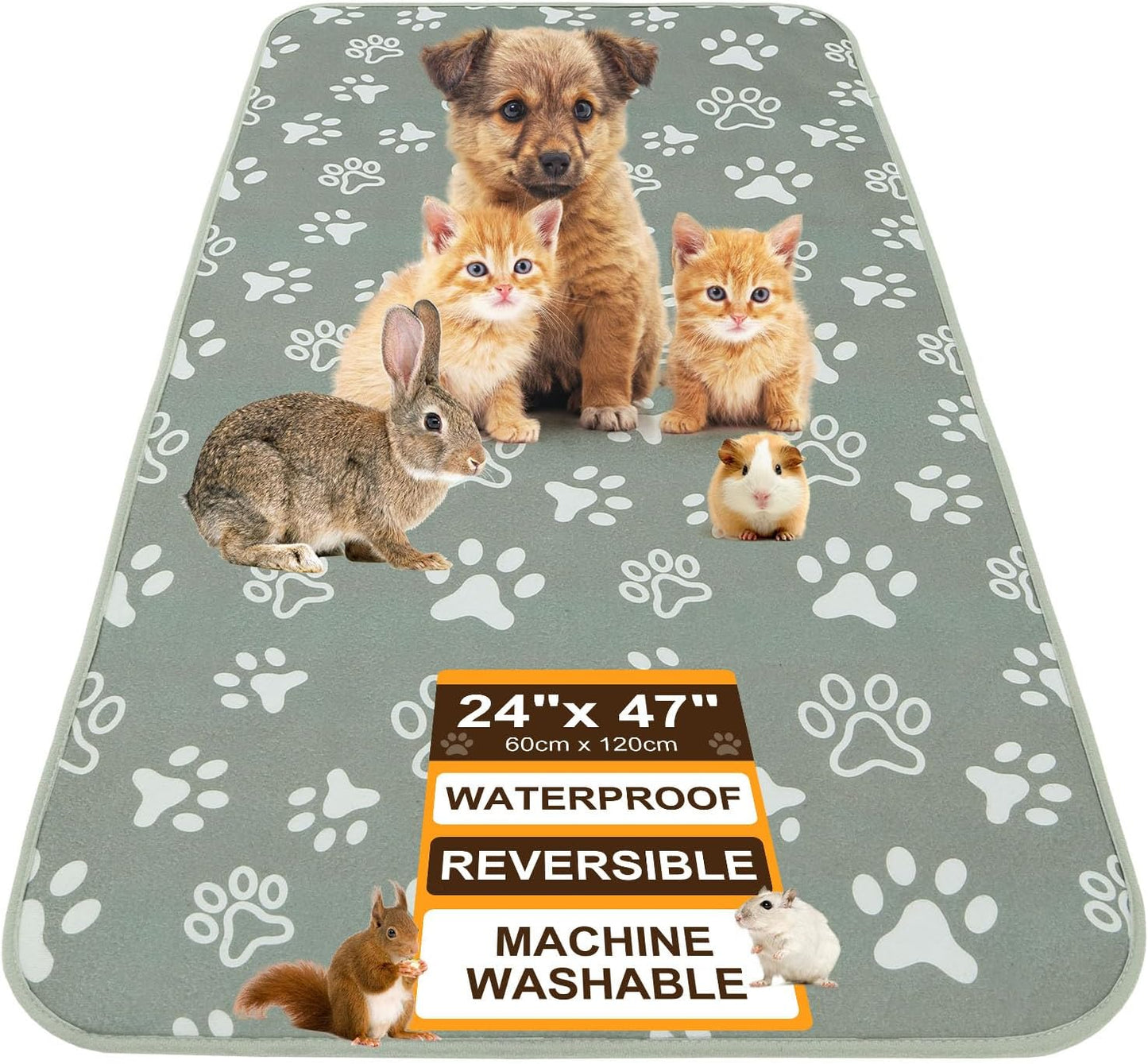 BEAUTYZOO 2 Pack Guinea Pig Cage Liners, Washable Reversible Fleece Guinea Pig Bedding, Waterproof Super Absorbent Pee Pads for Small Animals Rabbit Hamster Bunny - 24"x47" Grey