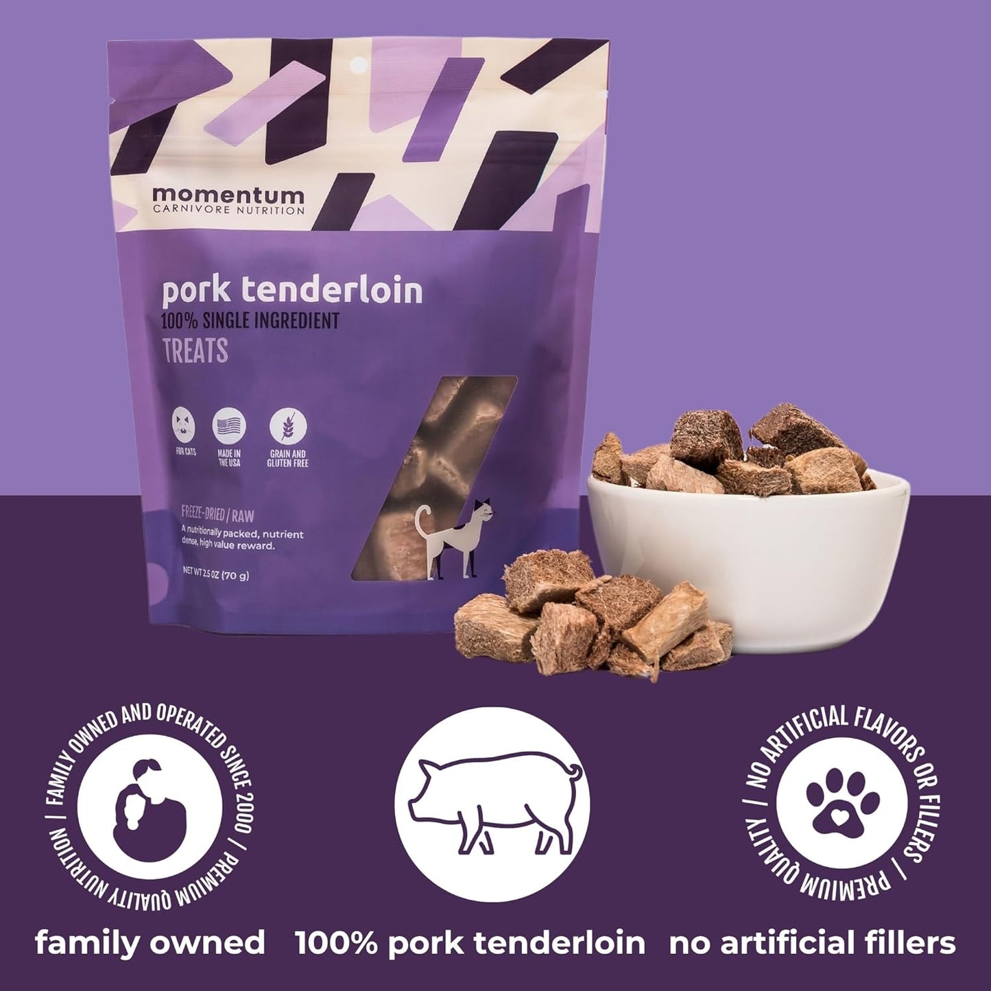 Momentum Carnivore Nutrition Freeze-Dried Pork Tenderloin Cat Treats – Single-Ingredient, All-Natural, Grain-Free Treats – 2.5 oz Bag