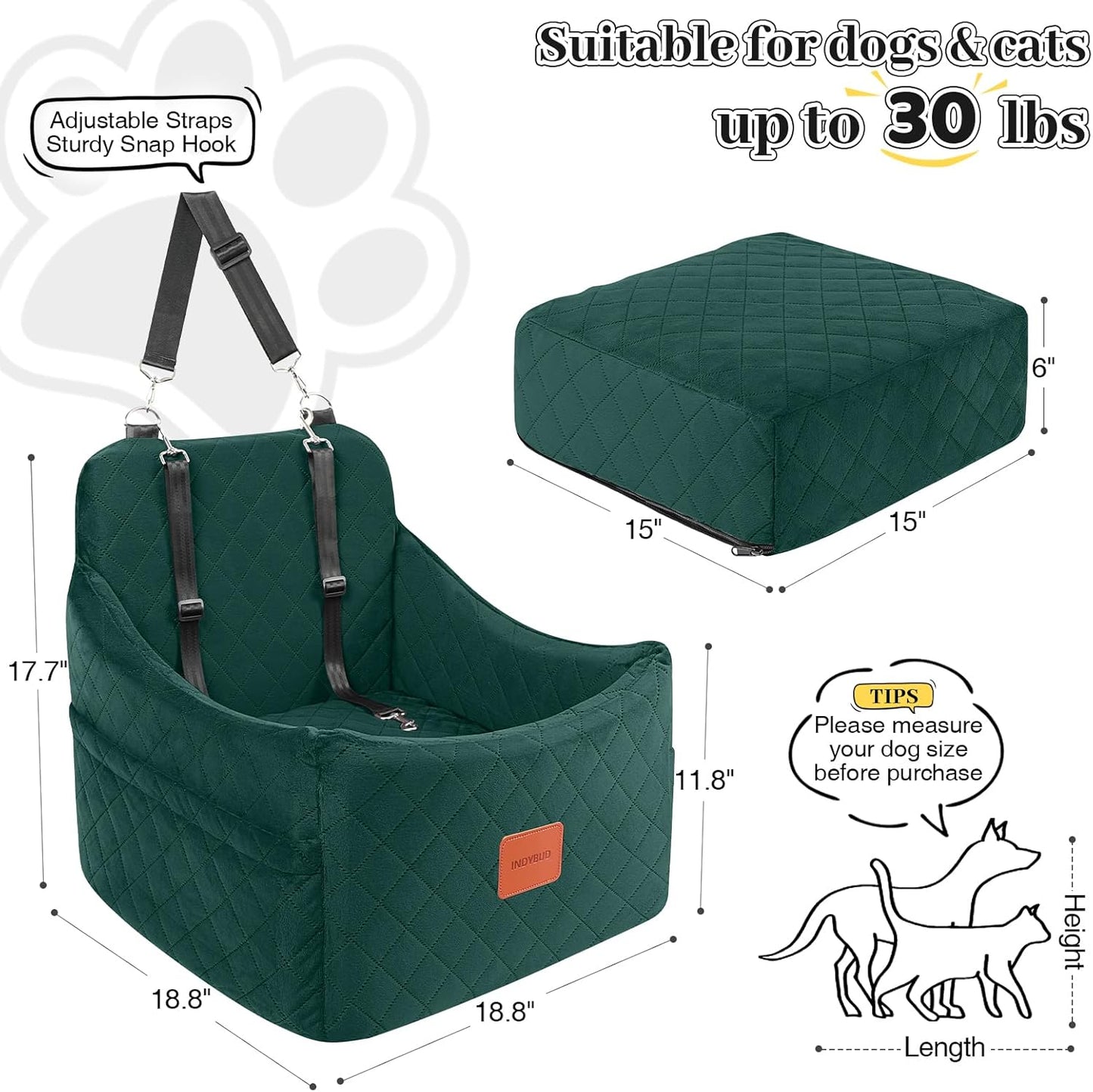 Dog Booster Car Seat for Dogs up to 35lbs, Safety Pet Car Seats with Anti-Slip Bottom, Travel Booster Dog Bed with 2 Storage Pockets (Green, Medium)