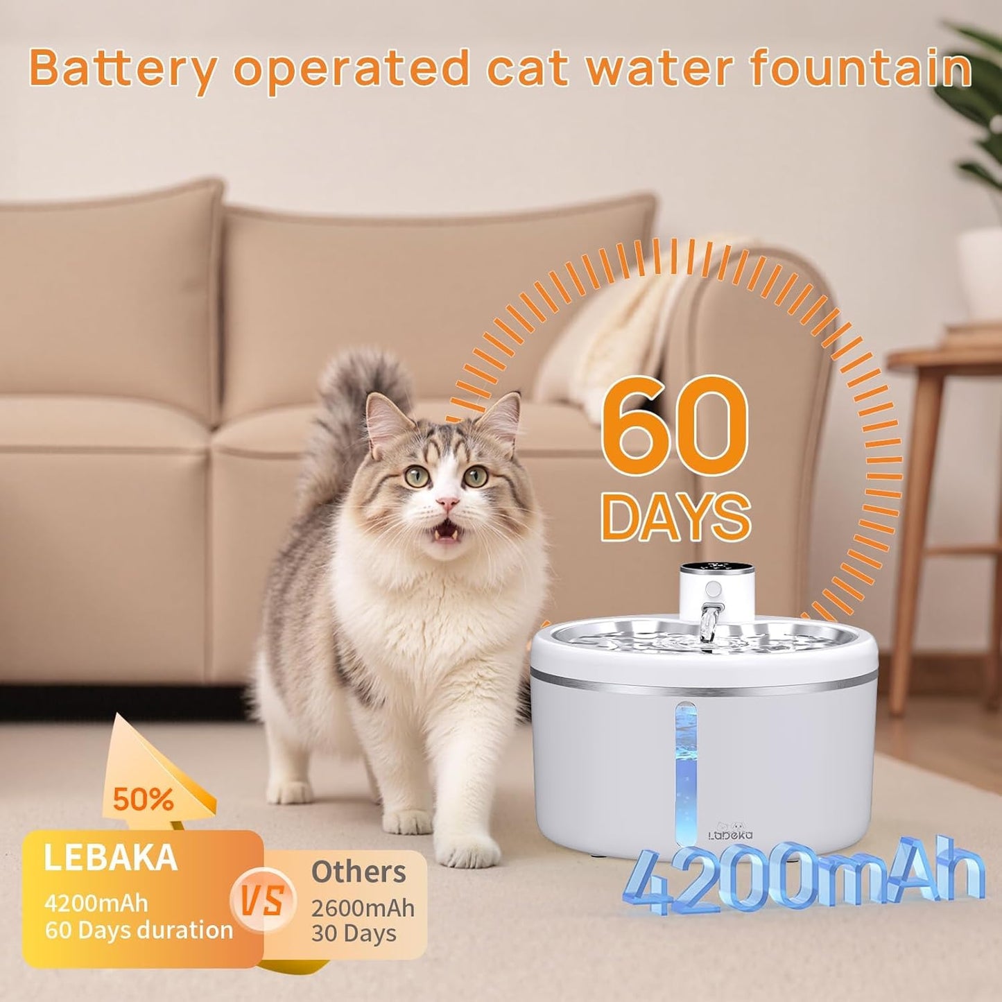 Wireless Cat Water Fountain with Stainless Steel Tray, Battery Operated Cat Fountain - 102oz/3L Automatic Pet Water Dispenser, Easy Clean with Motion Sensor for Cats, Dogs