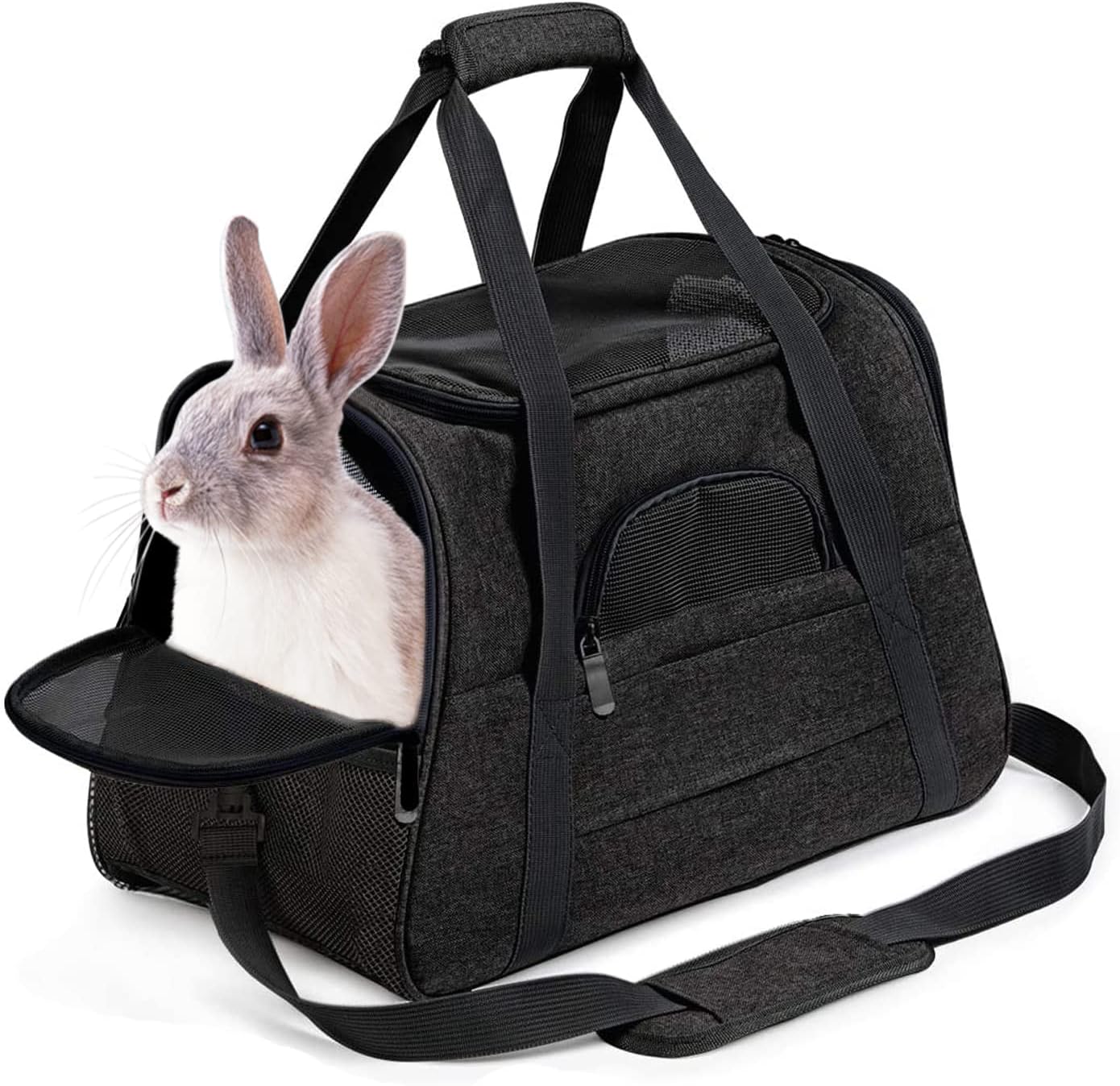kathson Rabbit Travel Carrier Bag Airline Approved Pet Pocket Breathable Mesh Window Portable Hand Bag with Locking Safety Zippers for Small Dogs Cats Bunnies and Small Animals (Black)
