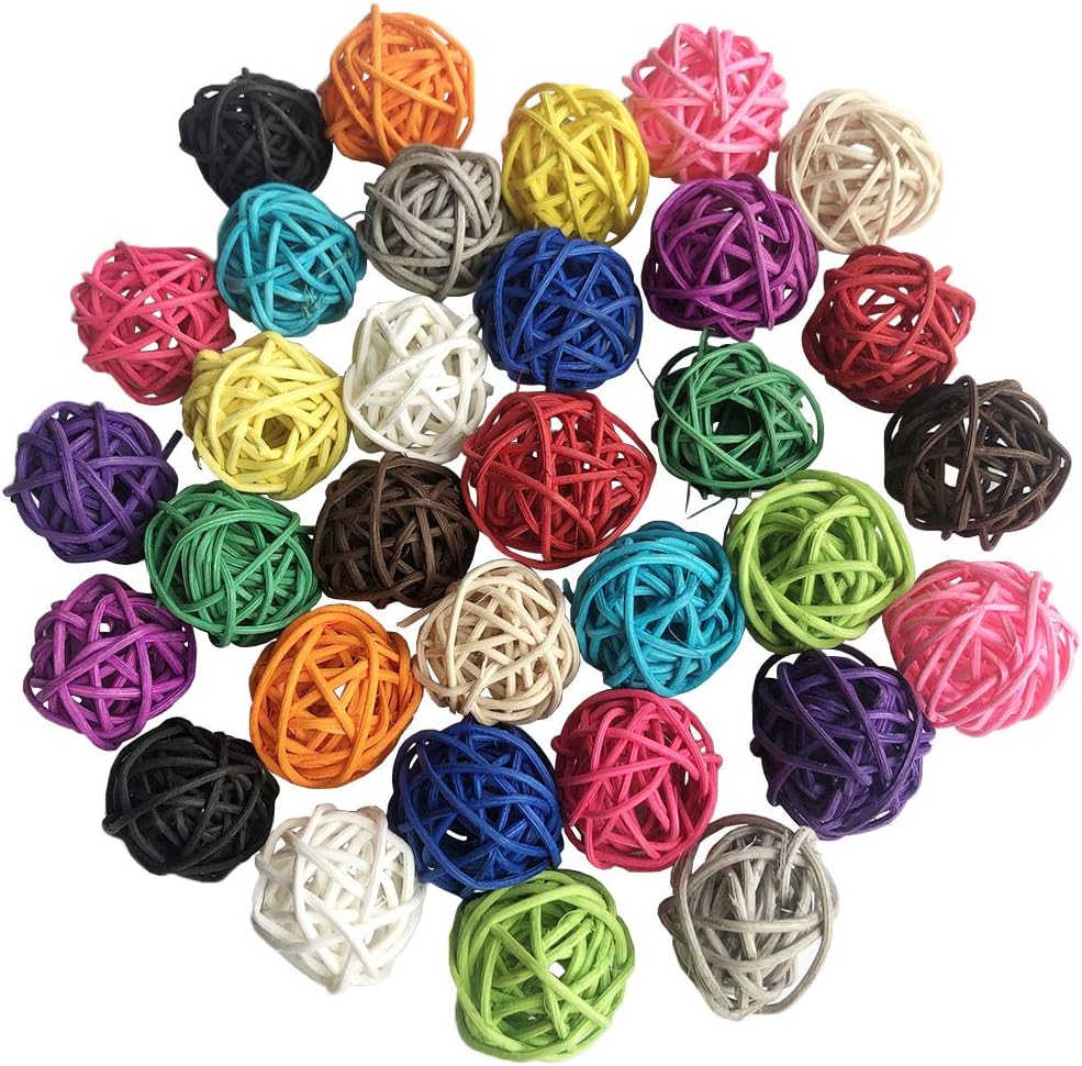 Benvo Rattan Balls 32 Pack 1.2 inch Wicker Ball Birds Quaker Parrot Parakeet Chewing Pet Bite Ball for Budgies Conures Hamsters Ball Orbs Crafts DIY Accessories Vase Fillers (Multi-colored)