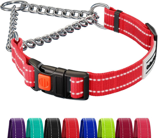 CollarDirect Martingale Dog Collar with Stainless Steel Chain and Quick Release Buckle - Reflective Collar for Large, Medium, Small Dogs - Red, Small (Neck Size 12"-15")