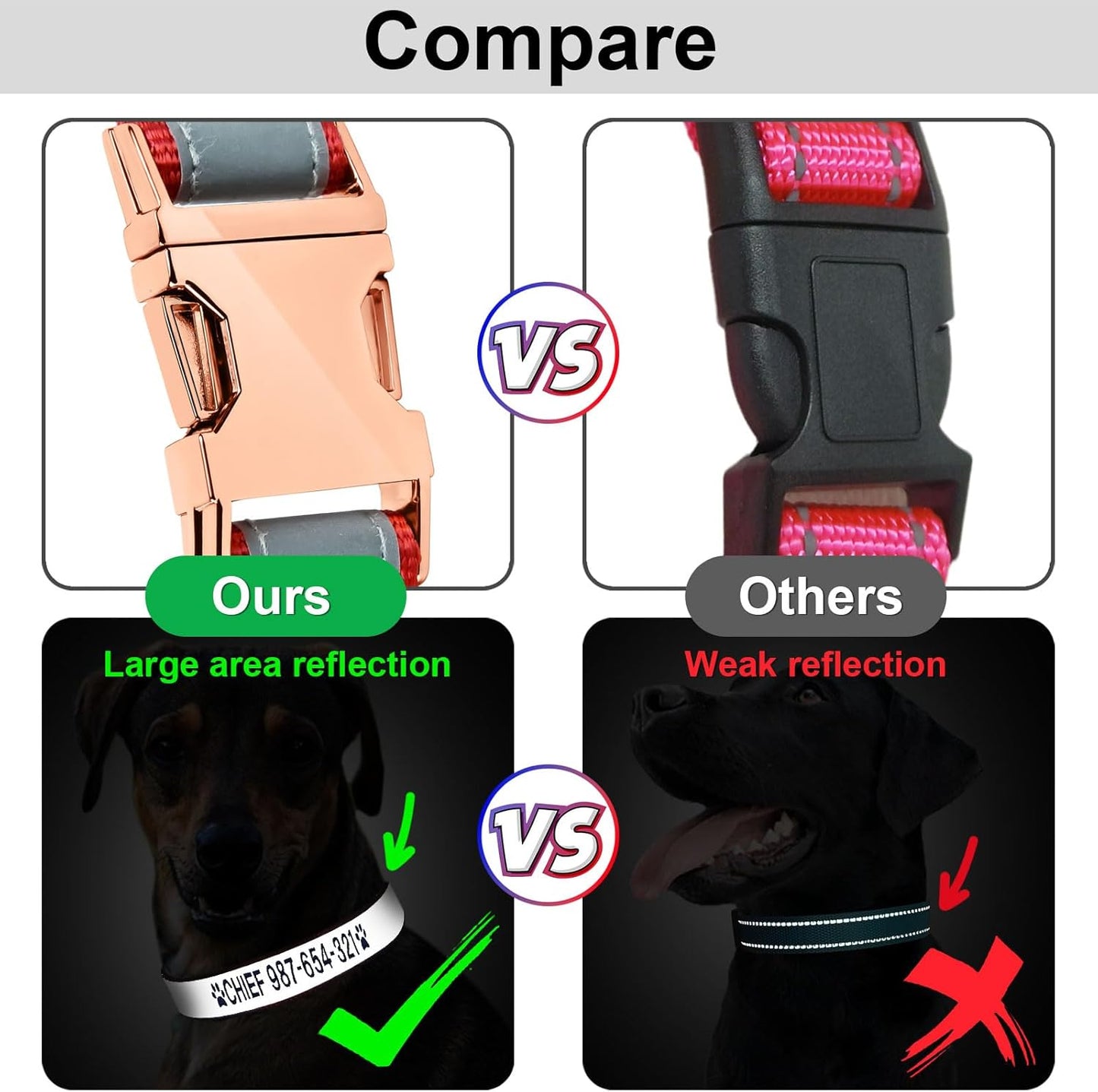 Personalized Reflective Dog Collar Embroidered with Pet Name and Phone Number - Metal Buckle Adjustable Custom Dog Collars in Pink, Blue, Black for Large Dogs, Boys and Girls Puppy