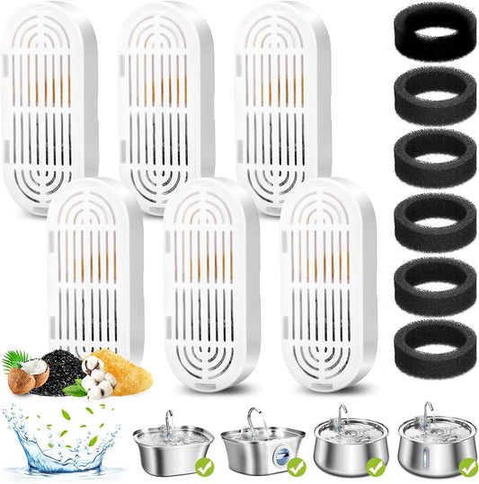 6 Pack Replacement Cat Fountain Filters & Replacement Sponges for Stainless Steel Pet Fountain with Water Level Window, Fountain Carbon Filters for Dog Water Dispenser Bowl