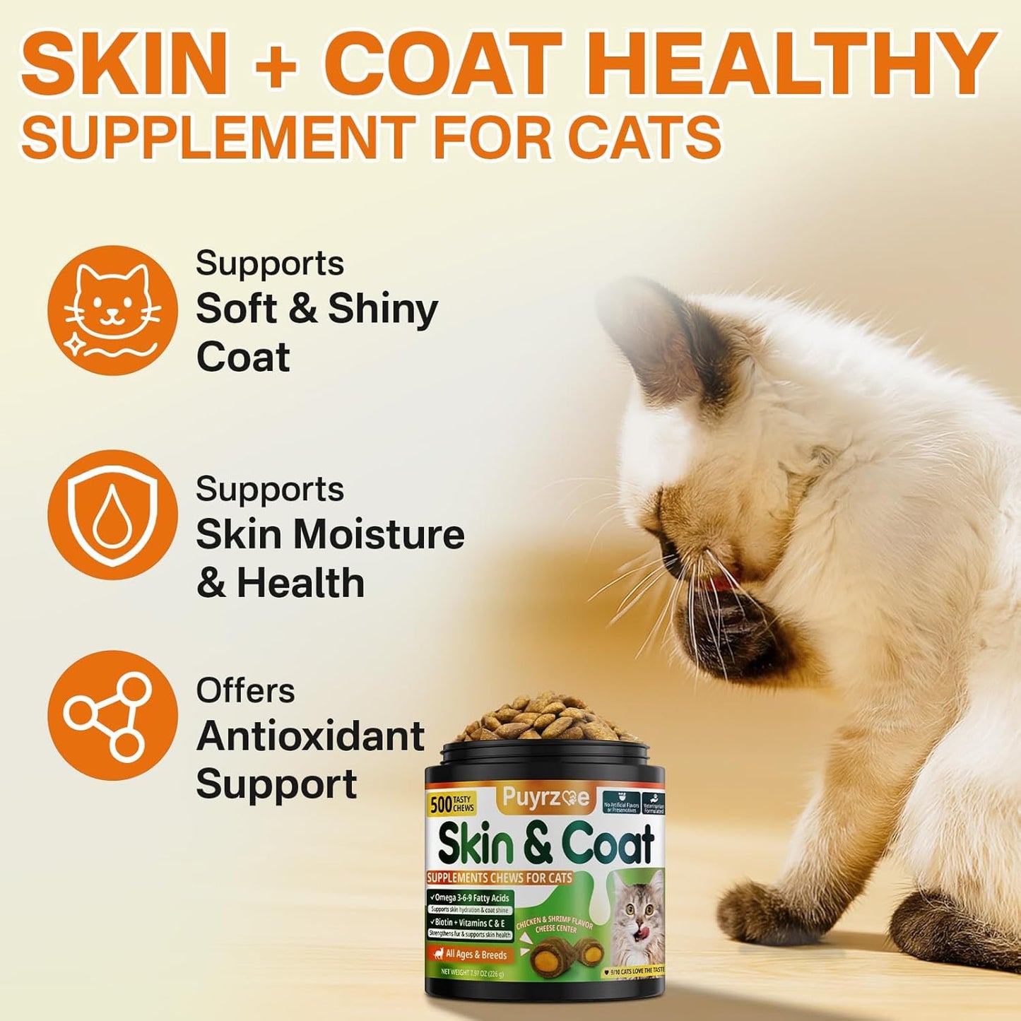 Cat Skin and Coat Health - 500 Chews Crunchy & Creamy Cheese Core with Omega 3/6/9, Vitamins C & E, Biotin for Skin Hydration & Coat Shine Supplement for Cats Kittens - Chicken & Shrimp Flavor