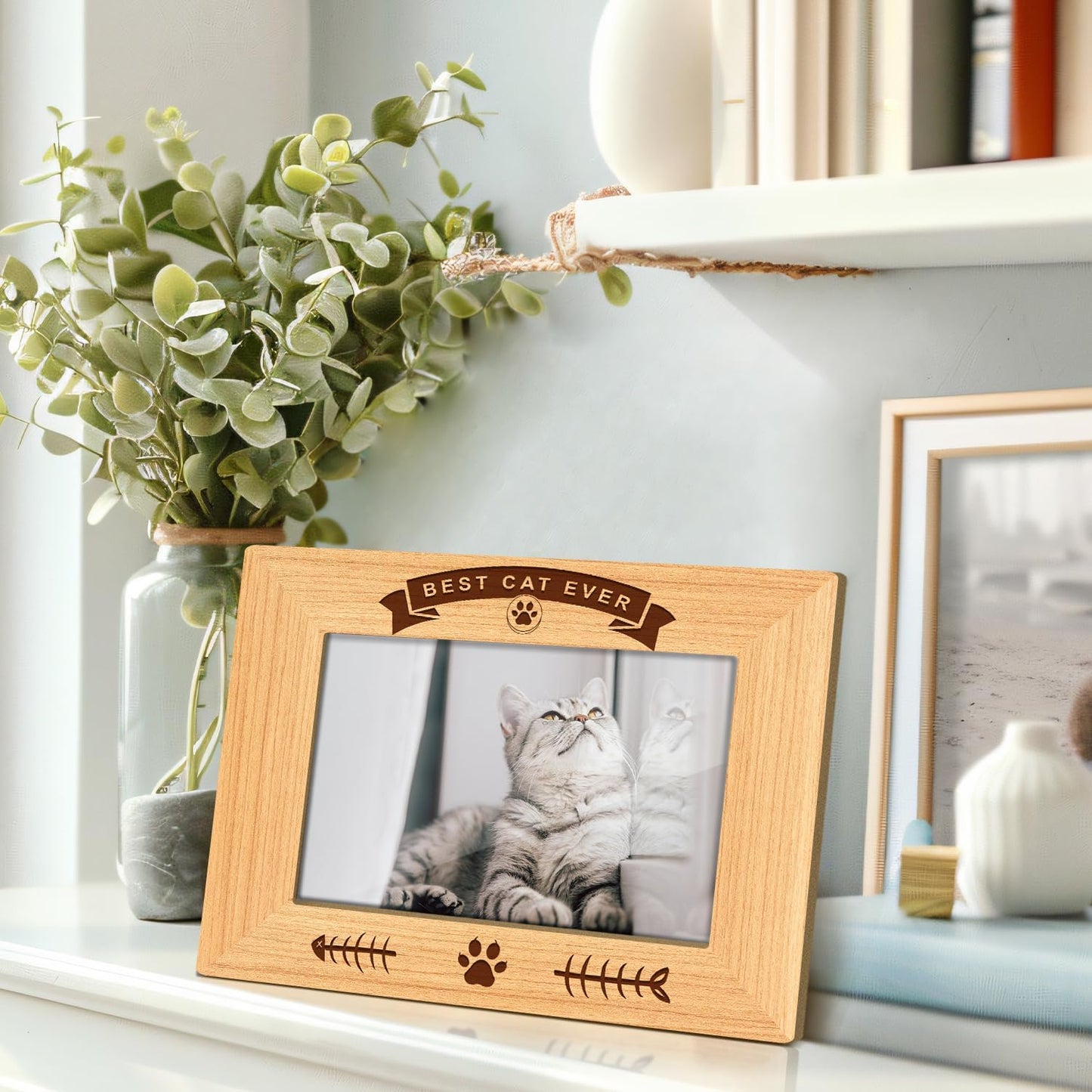Best Cat Ever Picture Frame, 4x6 Wood Photo Frame, Gift for Pet Lover Owner, Picture Photo Frames for Desk Decor, Memorial Cat Keepsake -56