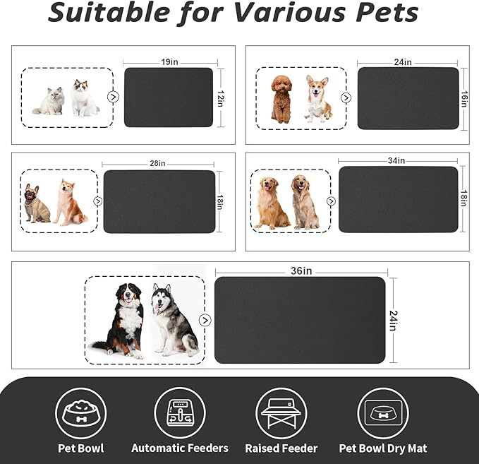 Pet Feeding Mat - Absorbent Dog Mat for Food and Water, No Stains Cat Bowl Mat, Easy to Clean Pet Placemats, Quick Dry Dog Water Dispenser Mat for Messy Drinkers | Black 16"x 24"