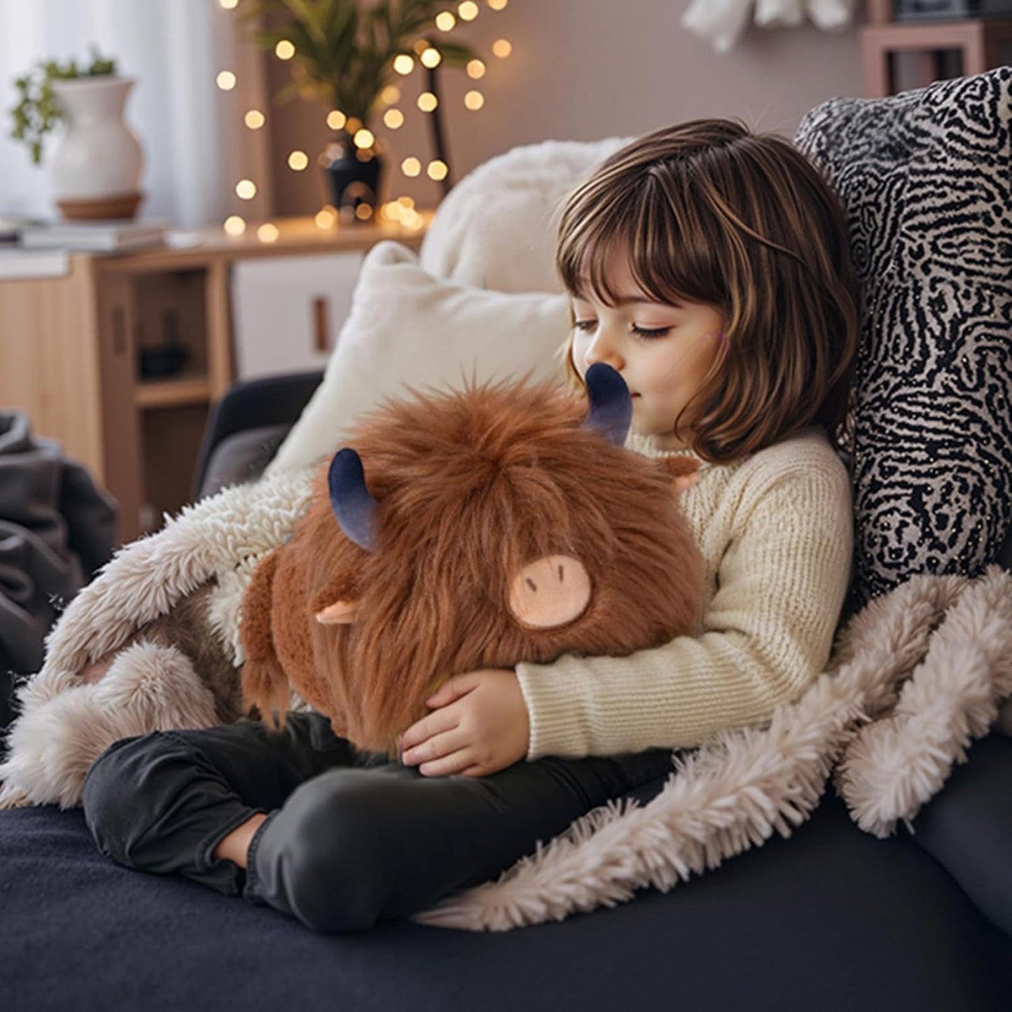 Cute Highland Cow Plush Pillow, Highland Cow Stuffed Animals Toy, Fluffy Cattle Plushie Doll, Soft Cuddle Pillow, Brown Plushies Gifts for Girls & Kids(8 Inch)