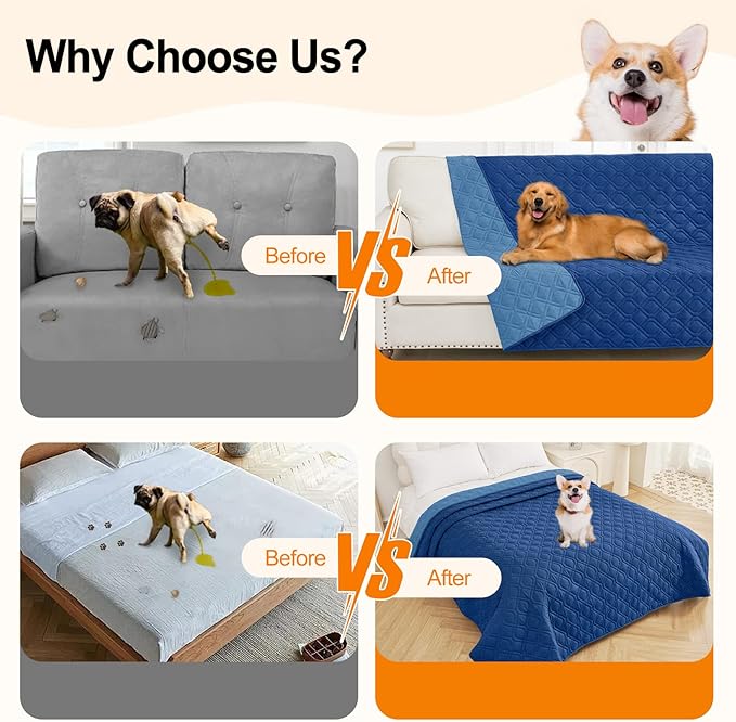 Smiry Waterproof Dog Blanket, 82x82 Inch Soft Pet Bed Cover Reversible, Washable Sofa Couch Furniture Protector for Small Medium Large Dog Puppy Cat, Navy/Blue