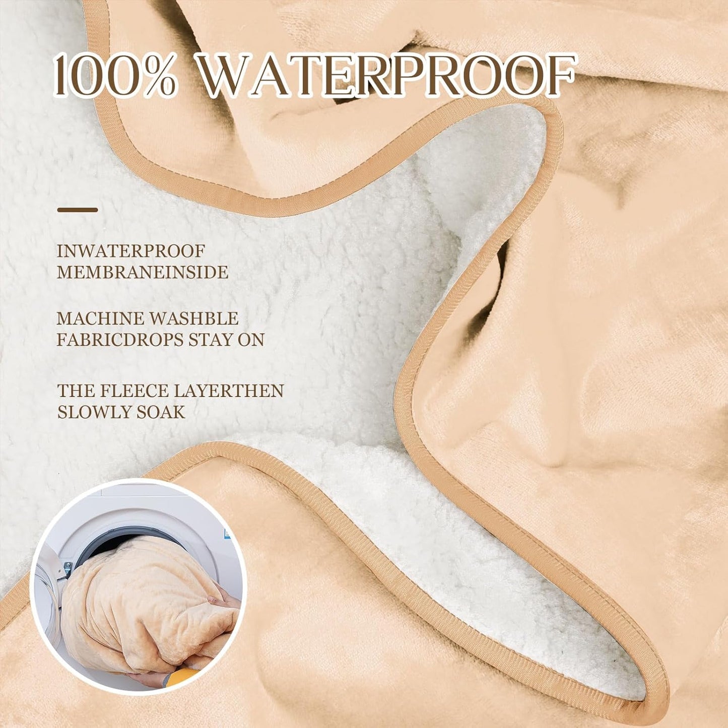Love Beige Waterproof Bed Blanket, Queen Size 80'' x 80'' Double Side Leakproof Reversible Sherpa Flannel Fleece 3 Layer Lightweight Blanket, Absorbs 70oz