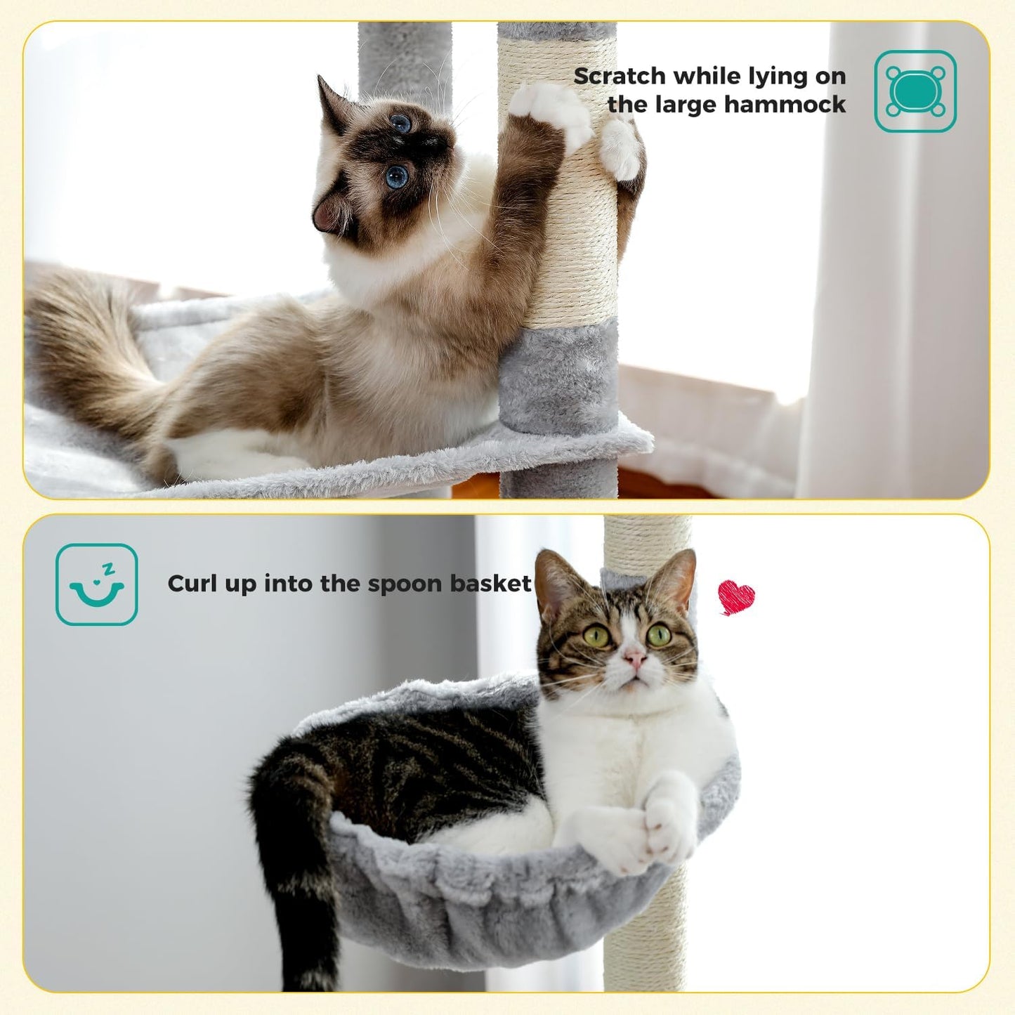 PAWZ Road Cat Tree, 56 Inches Tower Condo with Large Top Perch & Hammock, Cat Tower with Scratching Posts for Indoor Cats，Gray