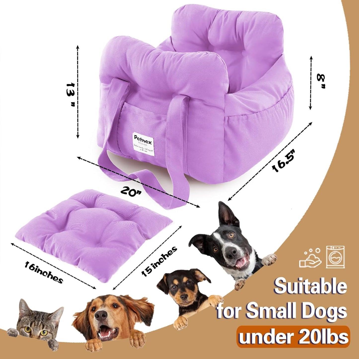 Dog Car Seat for Small Dogs, Portable Puppy Car Seat of Easy Installation, Fashionable Pet Carrier Bag with Large Pockets, Machine Washable Dog Booster Seat (Purple)