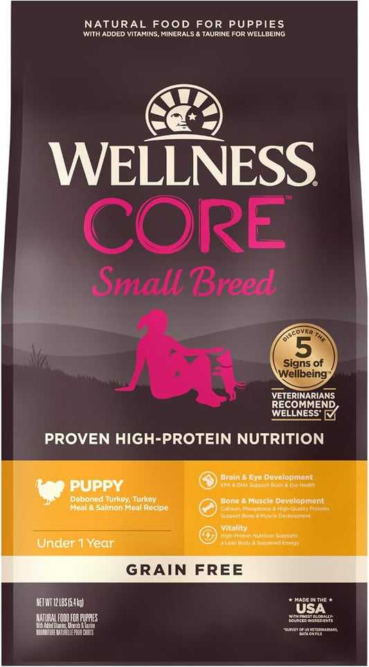 Wellness CORE Puppy Dry Dog Food, Small Breed, Grain-Free, High Protein, Natural, Turkey & Salmon Recipe, (12-Pound Bag)