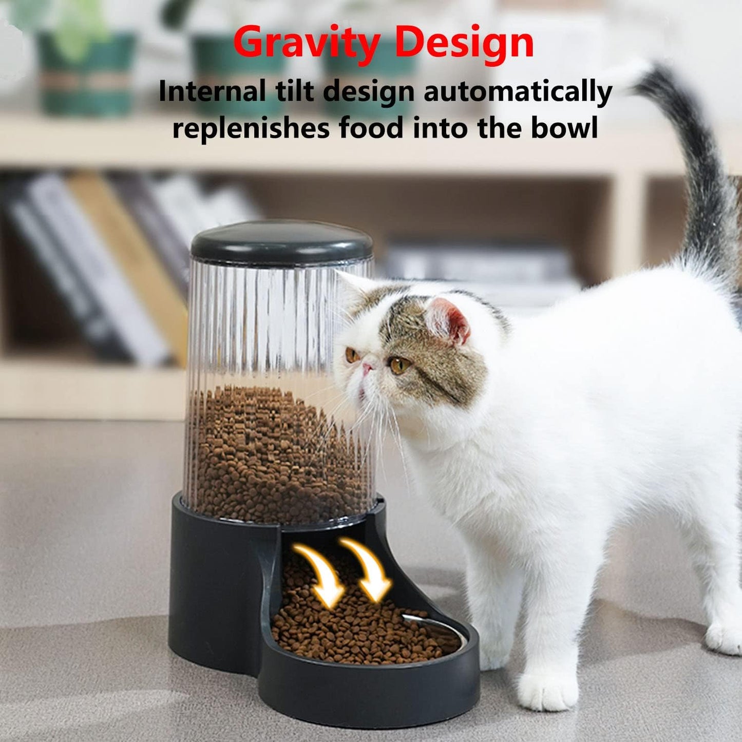 Automatic Cat Feeder, 3.8L Large Gravity Cat Food Dispenser with Detachable Top Lid, Visible Bottle and Stainless Steel Bowl for Pets (Black)