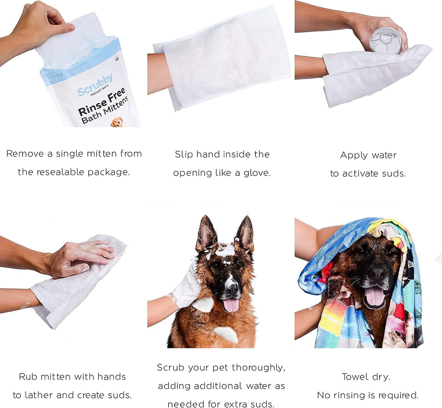 No Rinse Wipes | Rinse Free Shampoo Mittens | Dogs & Cats | Bath Wipes | Bathing & Washing Pets, Hypoallergenic | No Rinse Wash Mitt | Grooming, Lather Wipe Dry - Pack of 20