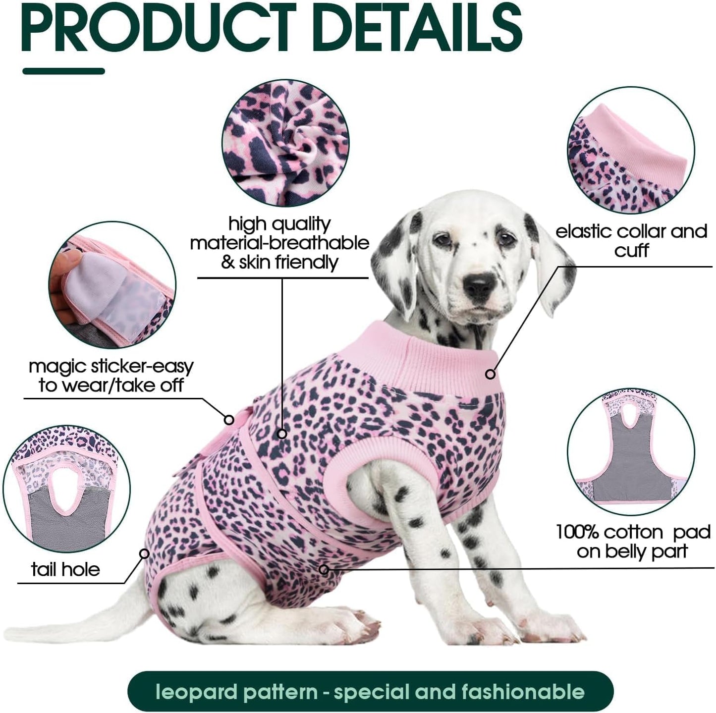 Kuoser Dog Recovery Suit Female, Soft Puppy Surgery Suit, Dog Recovery Suit After Surgery, Post-Op Onesie for Female & Male Dogs, Soft Protective Wear, PinkLeopard S