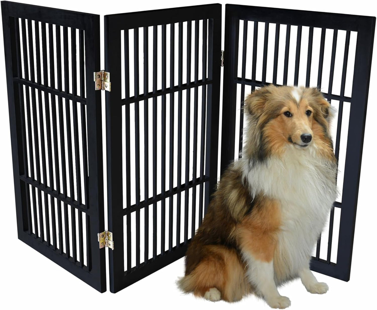 Pet Dog Gate Strong and Durable Freestanding Folding Acacia Hardwood Portable Wooden Fence Indoors or Outdoors by Urnporium (Black Pet Gate, 3 Panel 30" Tall)