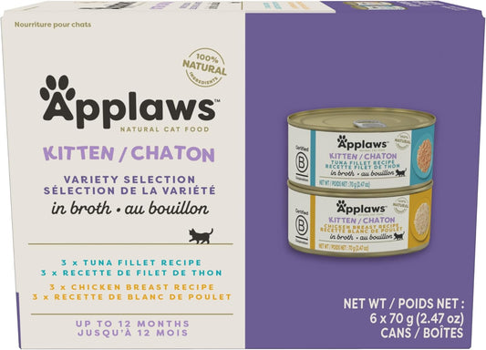 Applaws Natural Wet Kitten Food, Limited and Natural Ingredients, High Protein with No Artificial Additives, Kitten Variety Selection in Broth (6 x 2.47oz Cans)