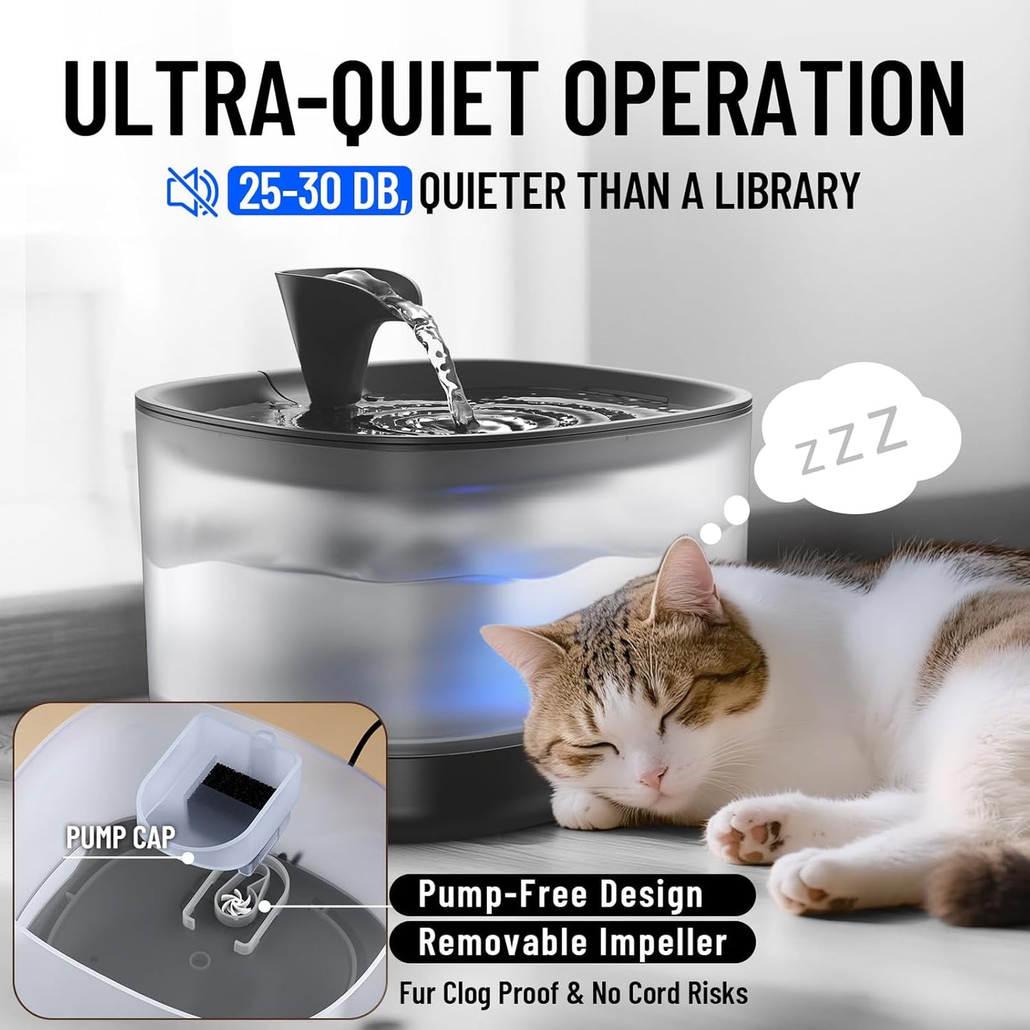 Veken Cat Water Fountain with Detachable Tank, Easy to Clean & Assemble, 84oz/2.5L Automatic Pet Drinking Dispenser with Quiet Operation & LED Light for Cats, Dogs and Small Pets, Black