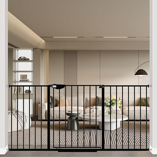 WAOWAO Triple Lock 49.21-66.54" Baby Gate Extra Wide Pressure Mounted Walk Through Swing Auto Close Safety Black Metal Dog Pet Puppy for Stairs,Doorways,Kitchen
