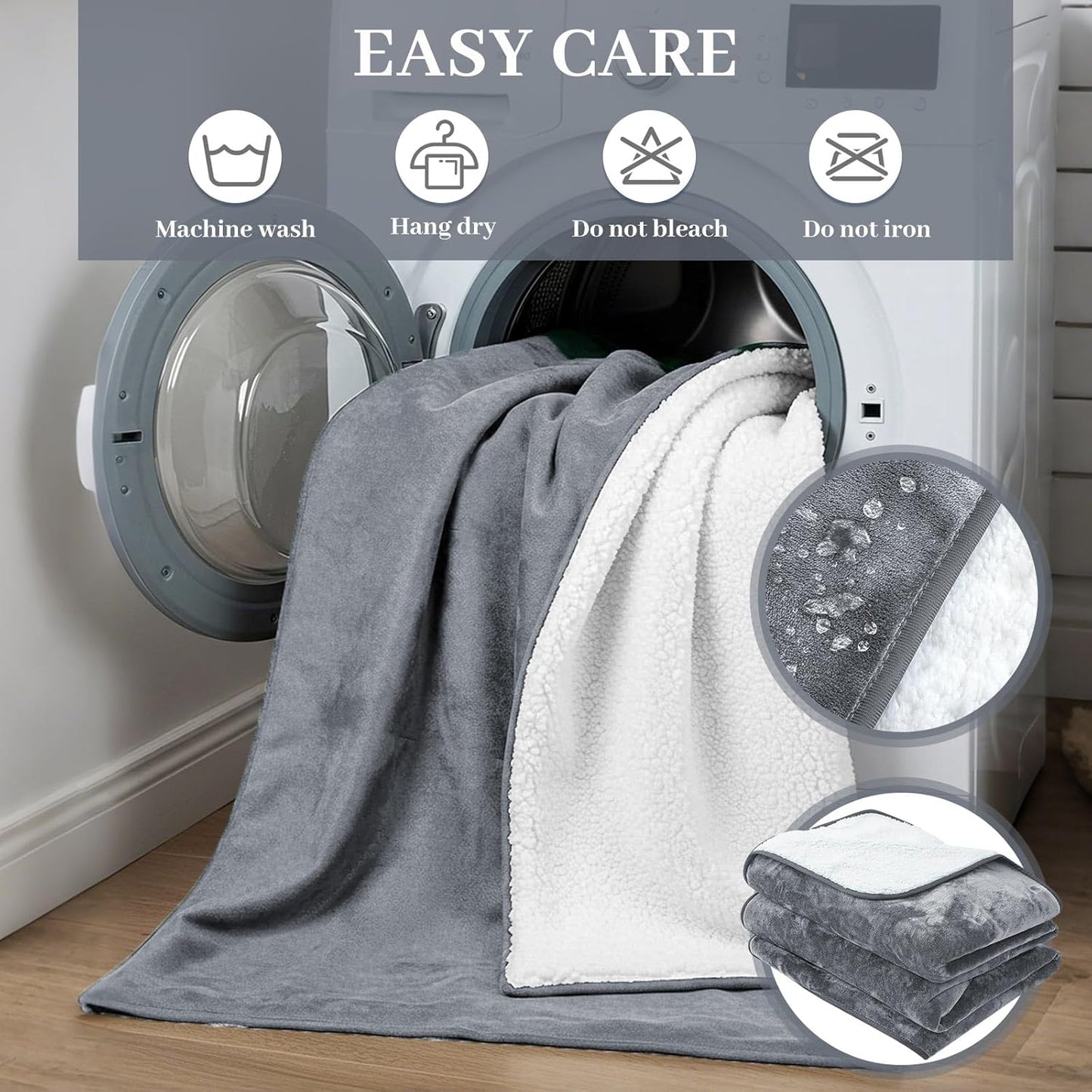 Love Gray Waterproof Bed Blanket, Queen Size 80'' x 80'' Double Side Leakproof Reversible Sherpa Flannel Fleece 3 Layer Lightweight Blanket, Absorbs 70oz