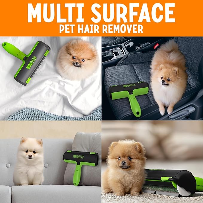 Triton Pet Hair Removal Tool w/Fur Trapping Compartment and Detachable Handle, 60% Smaller Storage Size, Reusable Shedding Roller, Cat and Dog Hair Remover for Car, Furniture, Carpet, Couch (Green)