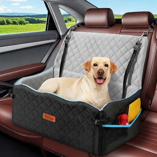 Large Dog Car Seat, Dog Car Bed for Large Dogs Under 60 lbs or 2 Small Breeds, Comfortable Pet Booster Seat with Memory Foam Thick Cushion, Detachable & Washable Pet Bed for Backseat, Black+Grey