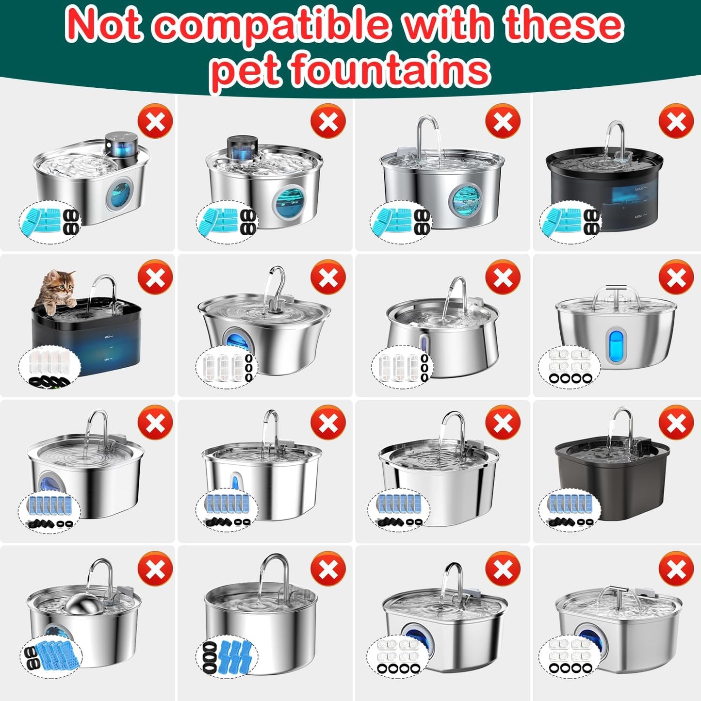 Cat Water Fountain Filter,16 Pack Cat Fountain Replacement Filters for Stainless Steel 67oz/2L Adjustable Water Flow Pet Water Fountain,Dog Water Fountain (8+8 Pack)