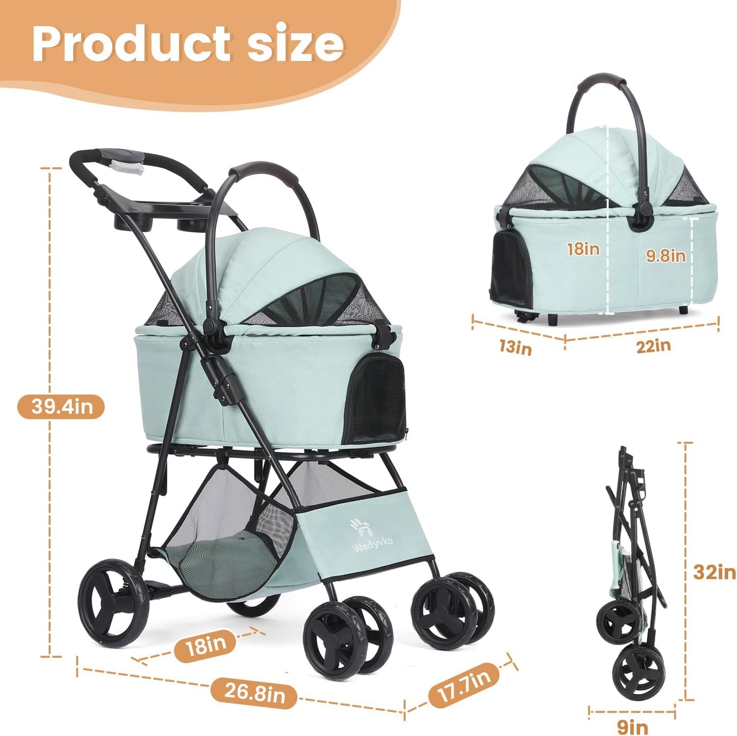 Pet Stroller, 4 Wheels Pet Strolling Cart for Medium/Small Dogs and Cats, Foldable Cat Jogger/Dog Stroller with Cup Holder, Storage Basket, Breathable Mesh, All-Season Pet Carrier (Tealblue)