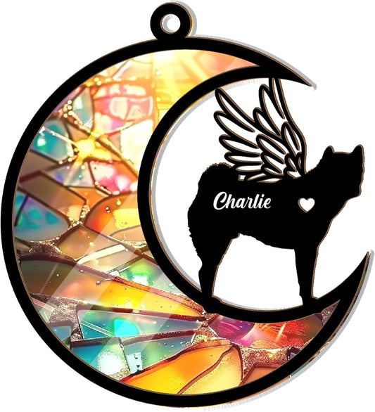Personalized Pet Memorial Suncatcher – Angel Wing Crescent Moon Ornament with Name – Rainbow Stained Glass Effect Sun Catcher for Dog, Cat, Ferret & More – Custom Pet Loss Tribute for Window or Tree