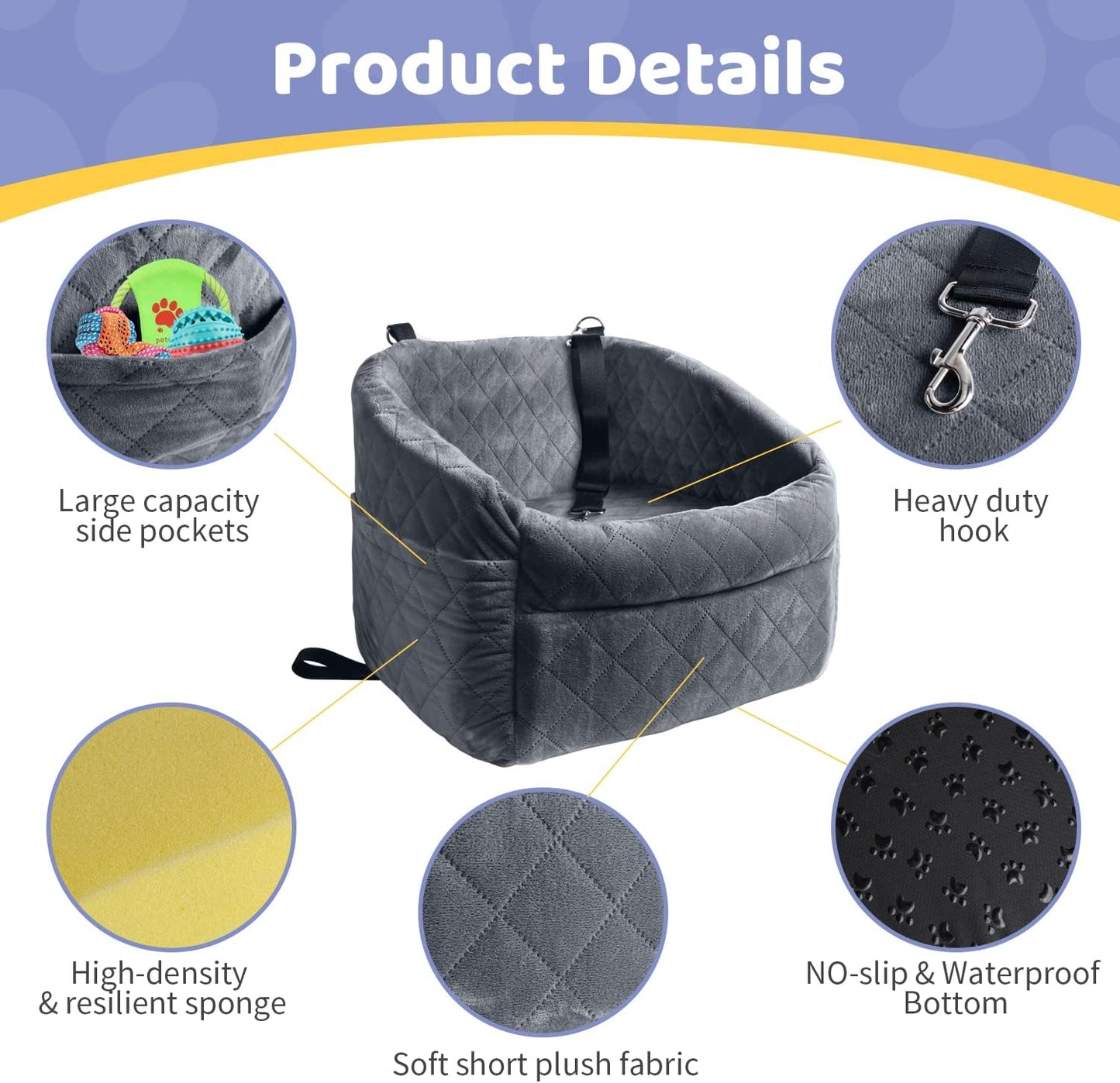 Dog Car Seat for Small/Medium Dogs, Upgrade Dog Booster Seat,Detachable and Washable Pet Car Seats with Thick Cushion Safety Leash and Storage Pockets(Grey)