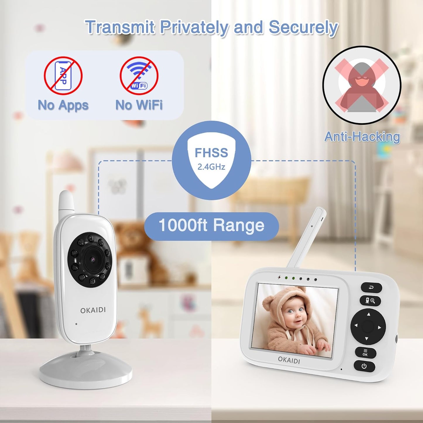 OKAIDI Baby Monitor with Camera and Audio, 3.2" IPS Screen Video Baby Monitor No WiFi, Infrared Night Vision, VOX Mode, Sound Activated Screen, 1000ft Transmission Range
