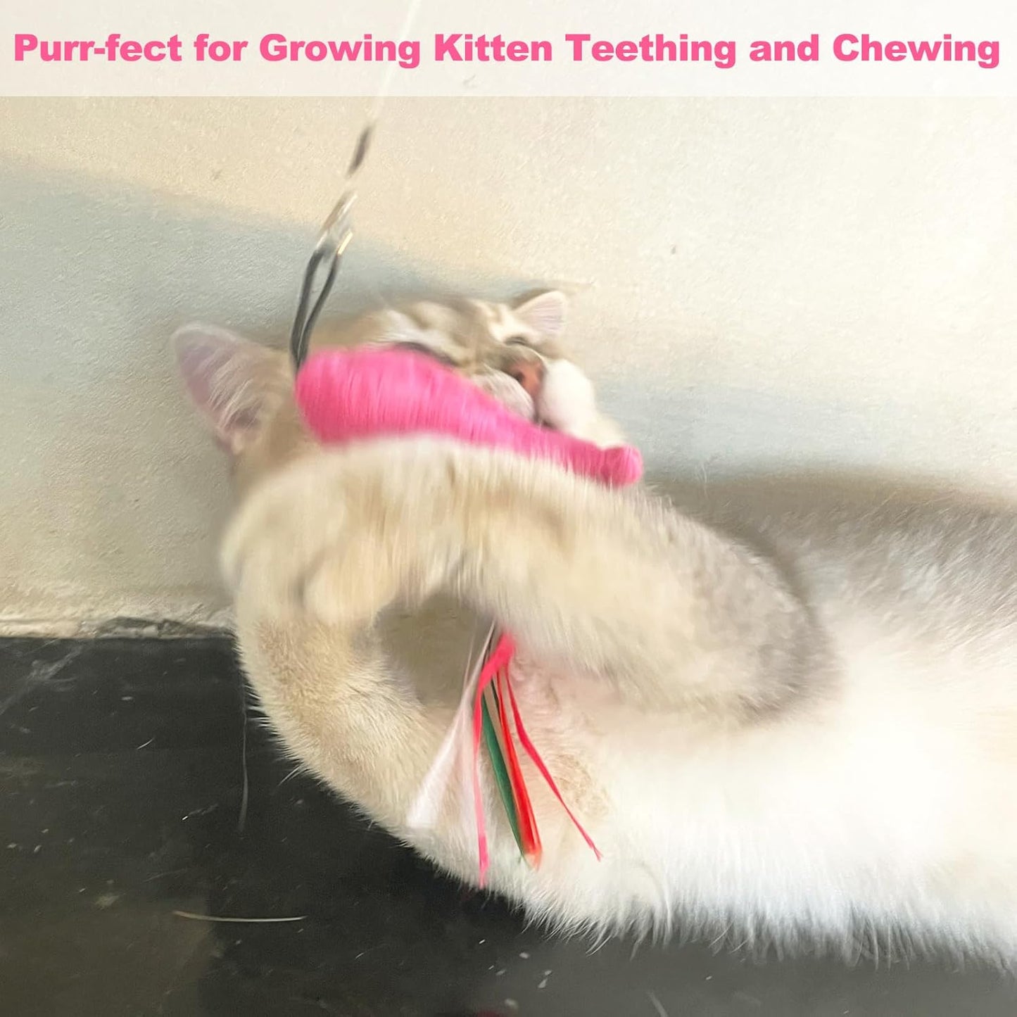 Cat Toys Pink Fish, 5PCS Catnip Toys for Cats, Flopping Cat Fish Toy Filled Soft Plush, Cat Feather Wand Accessories with Ribbons, Interactive Cat Toys for Indoor Cats Kitten Play Exercise Chew