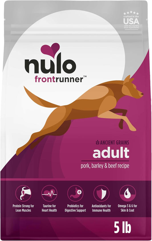 Nulo Frontrunner Ancient Grains High-Protein Dog Food, Pork, Barley, & Beef Recipe- Natural Dry Dog Food with Probiotics, Grain-Inclusive Kibble for Adult Dogs, 5 lb Bag