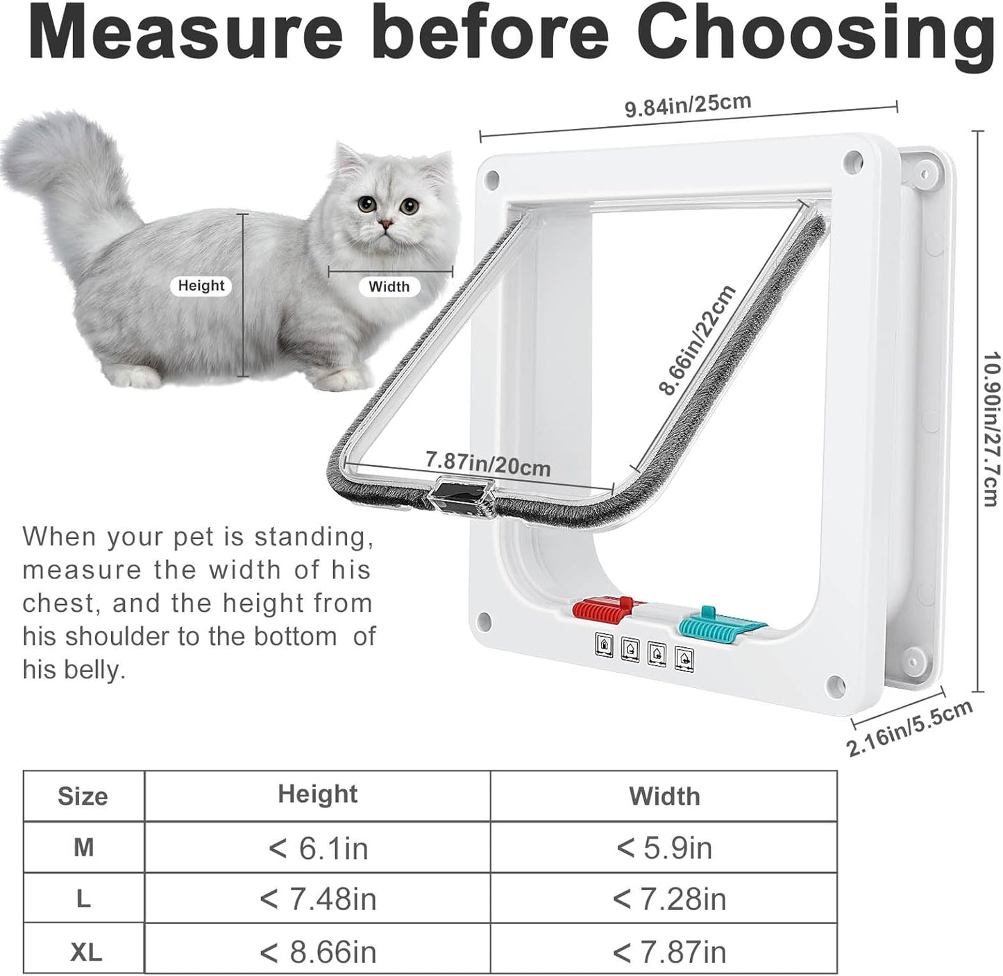 Cat Door, Safety Pet Door with 4 Way Lock, Weatherproof & Easy Installation Cat Flap Door for Interior Exterior Door, Window, Wall(X-Large, 7.87in x 8.66in Flap)