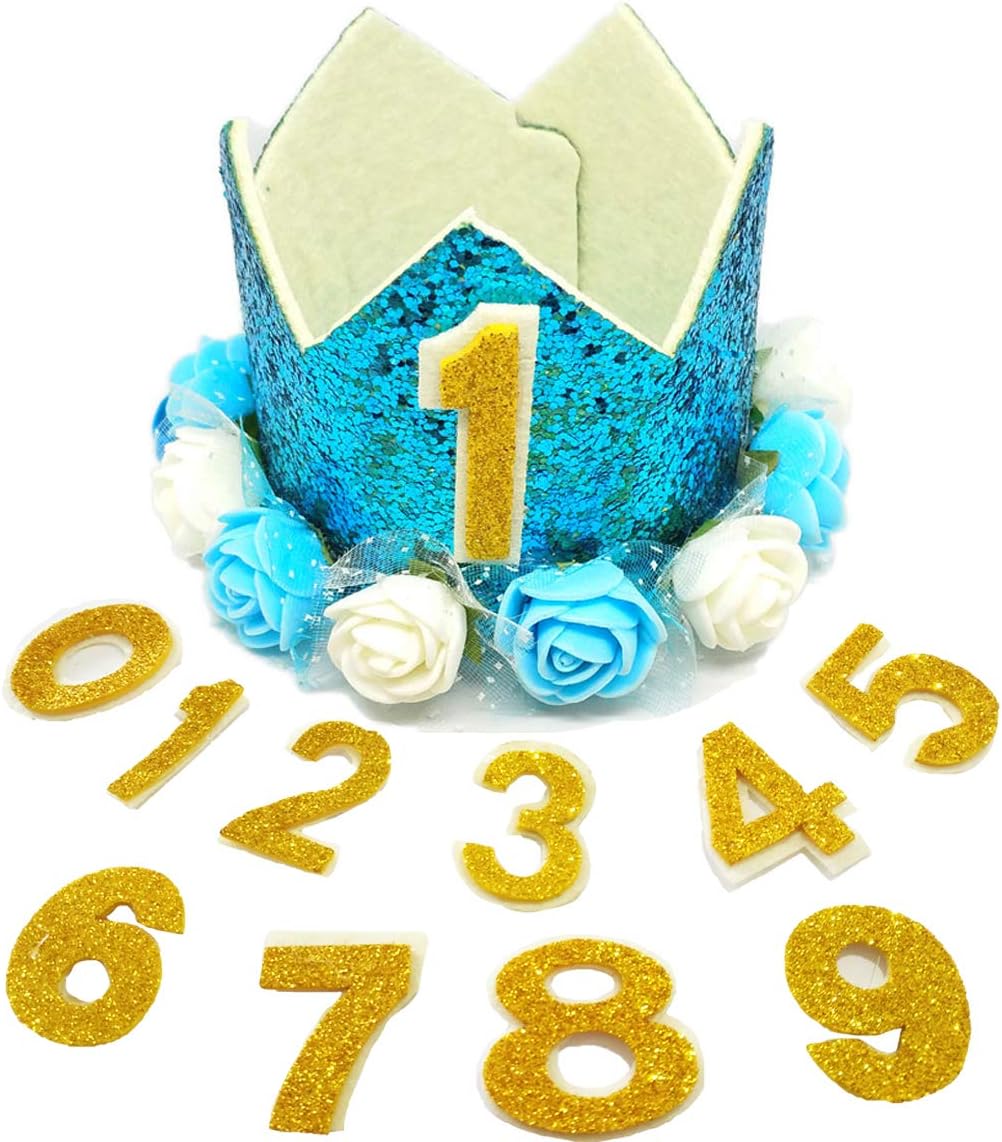 PET SHOW Blue Crown Dog Birthday Party Hat with Bandana and Collar Bows Charms Costume Set Reusable Birthday Party Headband Puppies Cat Kitten Hats with 0-9 Figures Charms Grooming Accessories