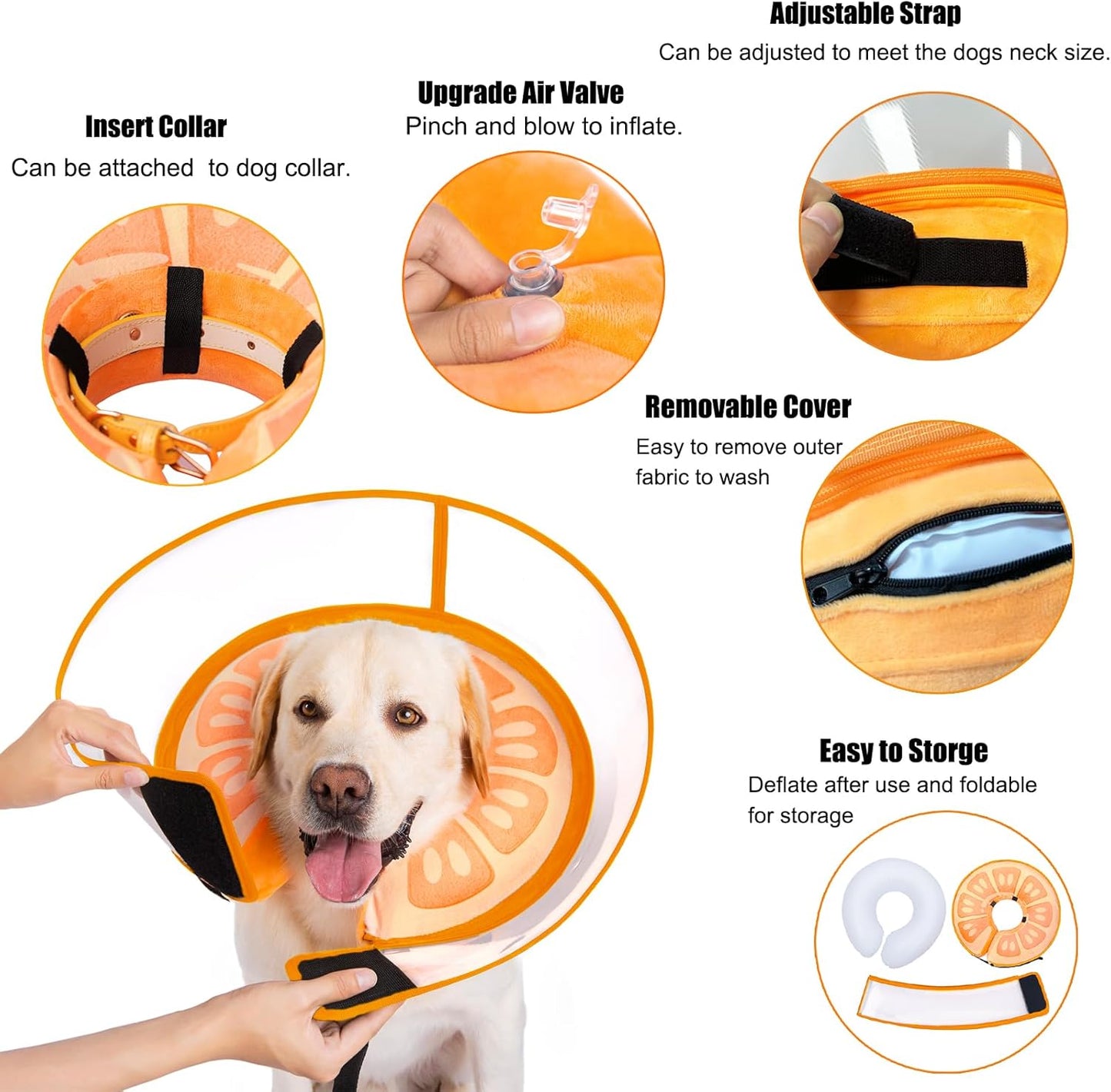 Inflatable Dog Cone Collar for Large Medium Small Dogs, Soft Dog Donut Collar Adjustable Recovery Cone for Pets After Surgery, Extra Enhanced Anti-Licking Guard Shield for Pets (Medium, Orange)