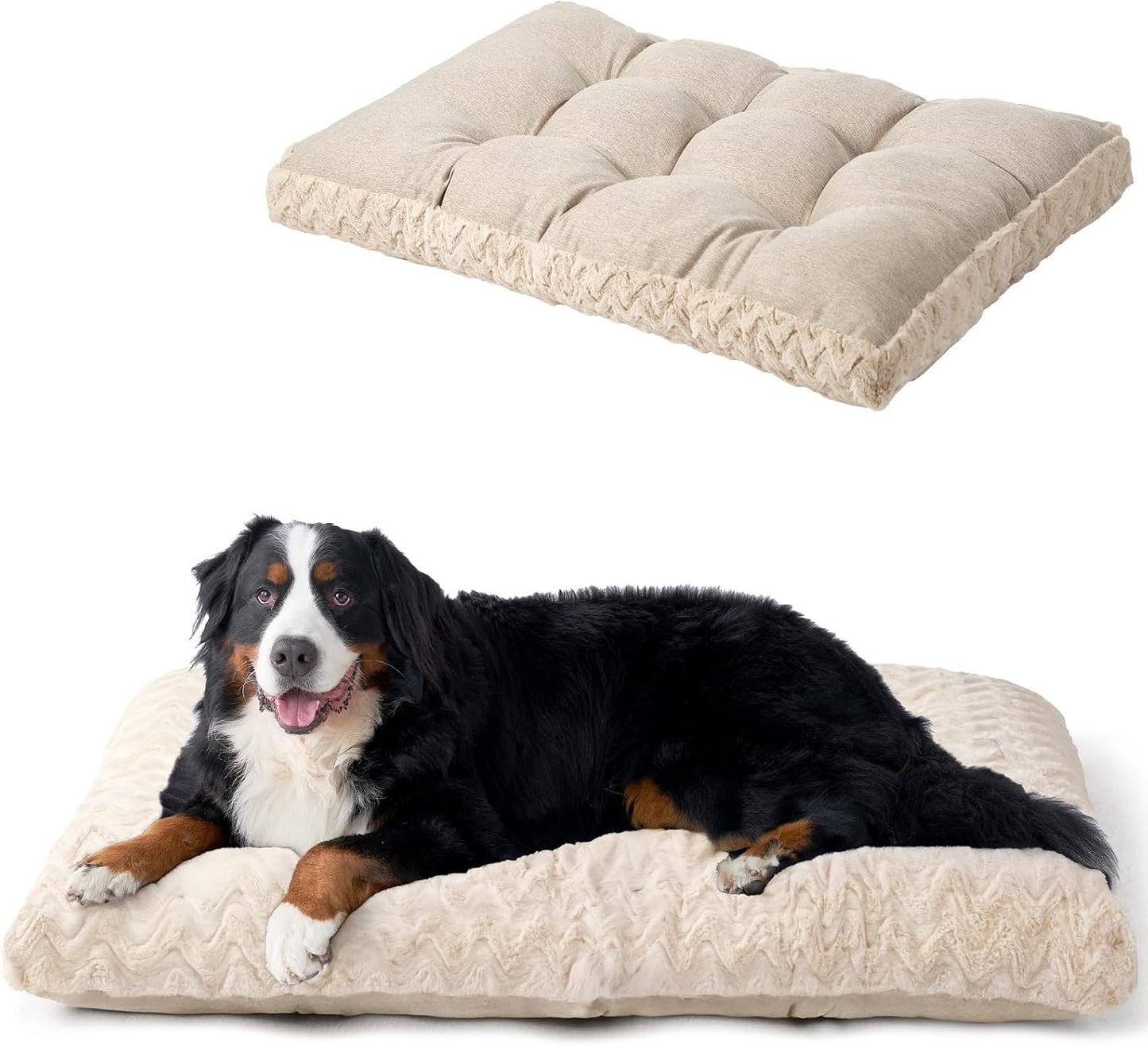 EHEYCIGA Reversible Dog Crate Bed Washable, Comfort Fluffy Plush Dog Kennel Pad for Gaint Dogs, Deluxe Machine Washable XXL Pet Sleeping Mats, 47" x 29"x 4", Beige