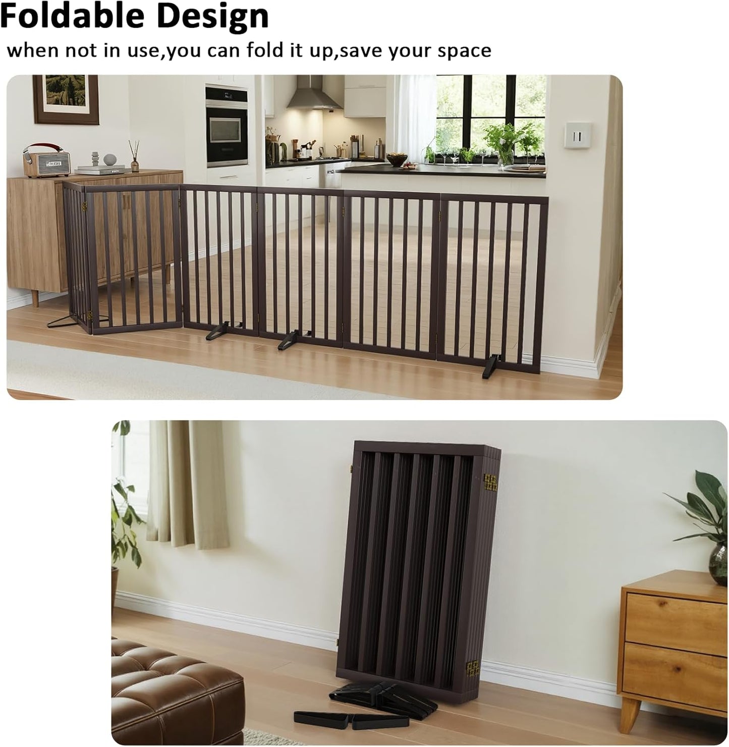 Dog Gate for Doorways 32" Tall Freestanding Dog Gate for Stair Foldable Pet Gate for Dogs Indoor (Brown,6 Panel)