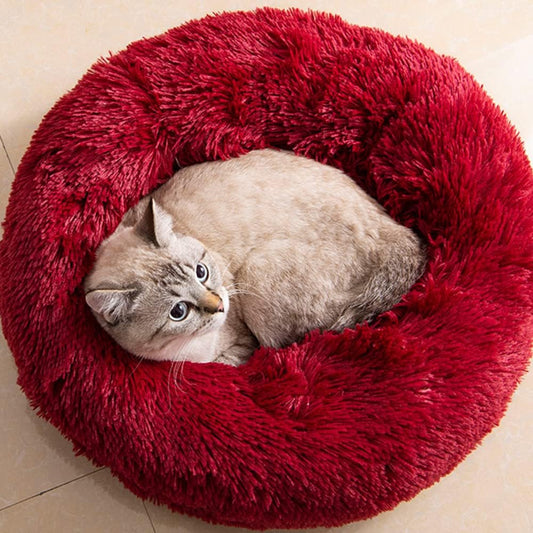 Cat Beds for Indoor Cats - Cat Bed Washable 24 inches, Dog Beds for Small Medium Dogs, Anti Anxiety Round Fluffy Plush Faux Fur Cat Bed, Thick Bottom (Red, Large 24" L x 24" W)