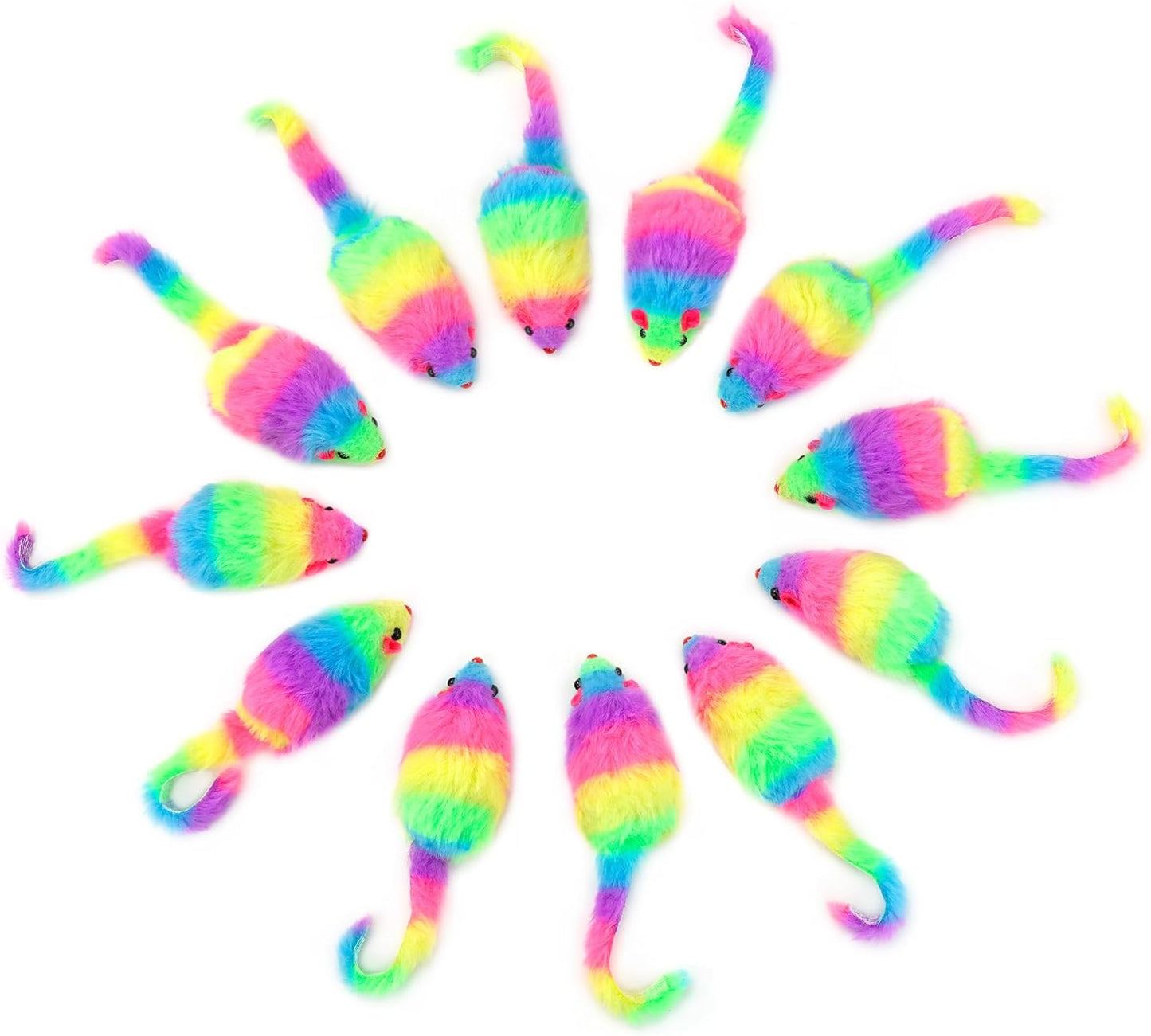 CHIWAVA 24PCS 2.8" Rainbow Color Furry Cat Toy Mice with Rattle Kitten Mouse Interactive Play