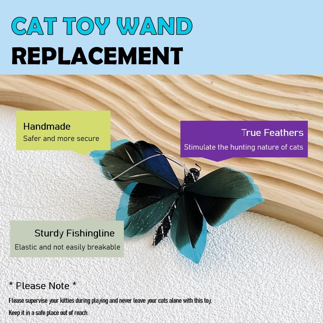 Cat Insect Feather Toys Replacement - 2 Pcs Handmade Natural Butterfly - Cat Toy Wand Refills - Interactive Kitten Teaser Wand Attachments - Cat Toys for Indoor Cats Play