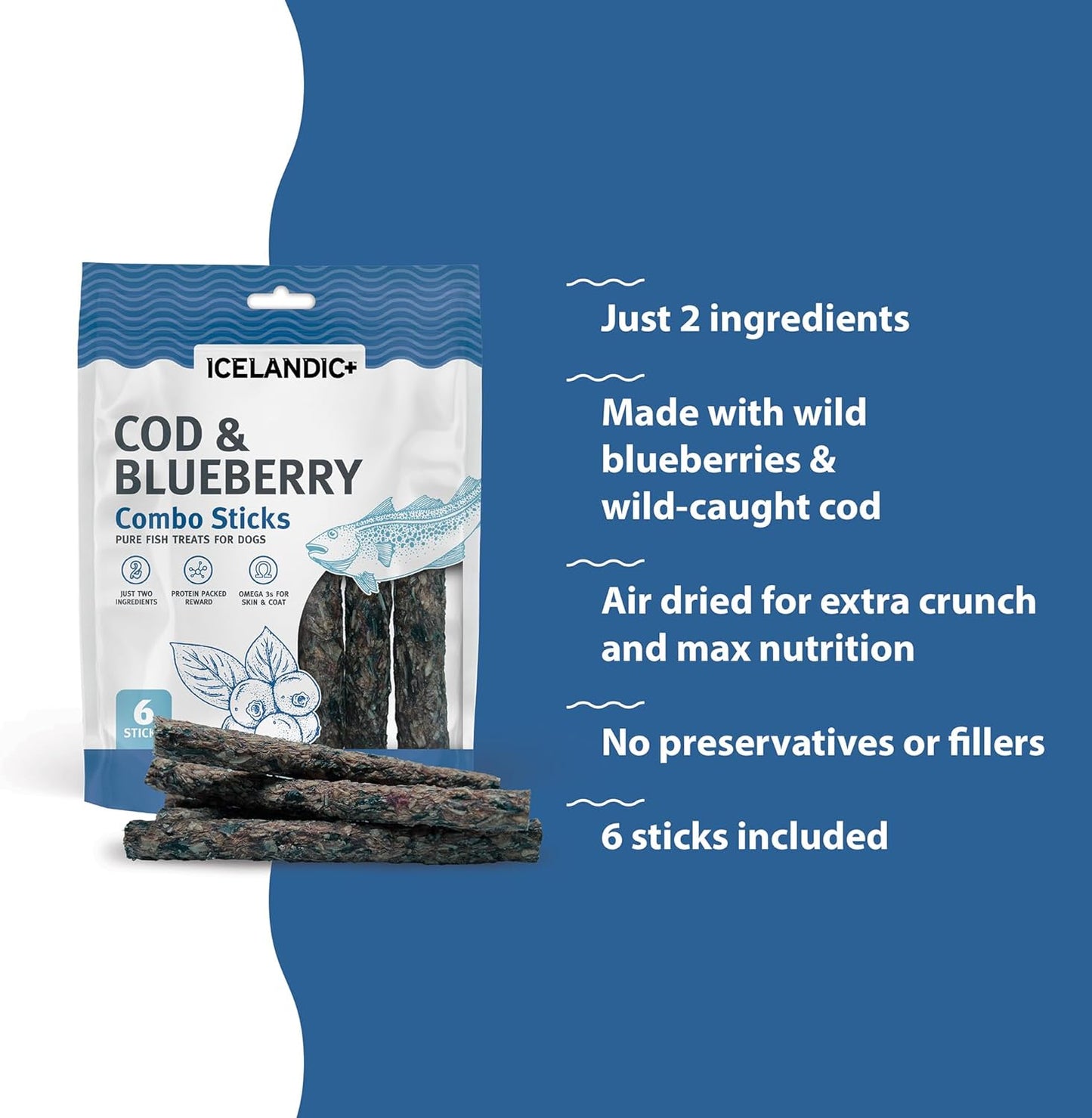 Icelandic+ Combo Sticks: Cod & Blueberry - 2oz - Dog Treats, Crunchy 2 Ingredient Pet Snacks, Preservative Free, Wild Caught Fish, Slow Baked, Natural (Pack of 2)